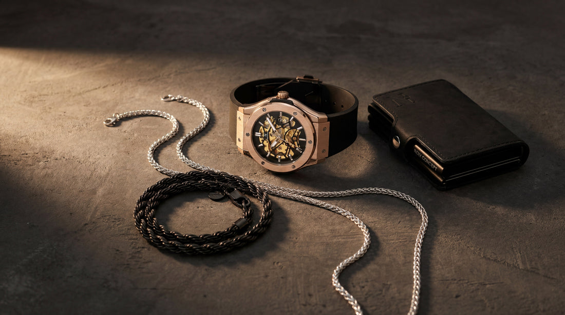Cómo combinar accesorios masculinos: reloj, cadenas y billetera New Concept Chile
