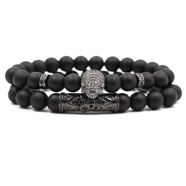 Pulsera hombre doble ágata negra calavera cilindro cobre New Concept Chile Eternal Shadow