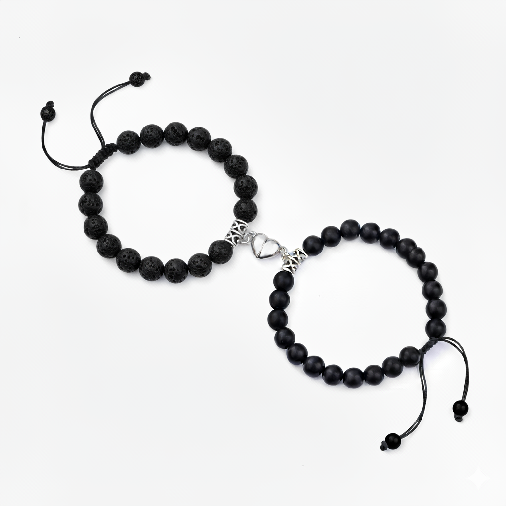 Pulseras pareja ágata negra piedra volcánica corazón magnético New Concept Chile Noir Connection
