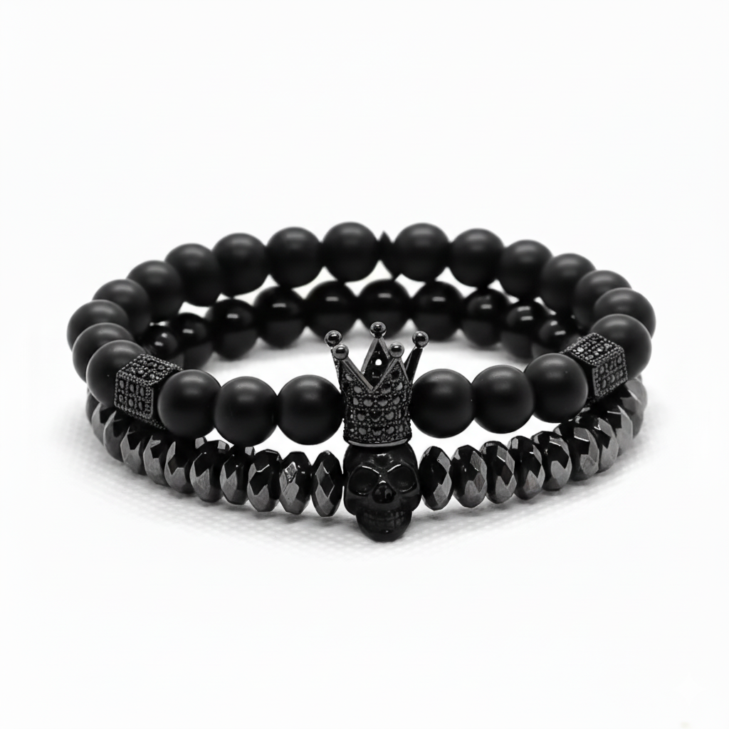 Pulsera hombre doble ágata negra hematita calavera corona New Concept Chile Throne Death