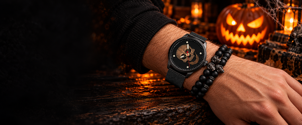 Reloj con calavera en el dial y pulsera con dijes de calavera, ambiente de Halloween