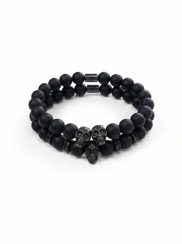 Pulsera hombre doble ágata negra calaveras cobre New Concept Chile Phantom Skull