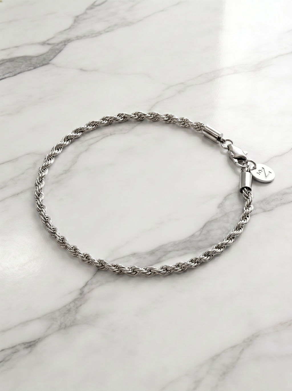 Detalle cadena rope plateada 3mm pulsera acero L316 New Concept