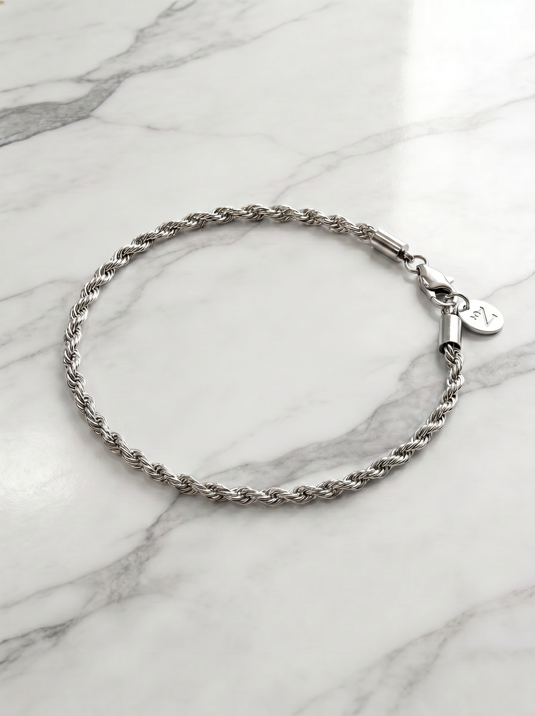 Detalle cadena rope plateada 3mm pulsera acero L316 New Concept
