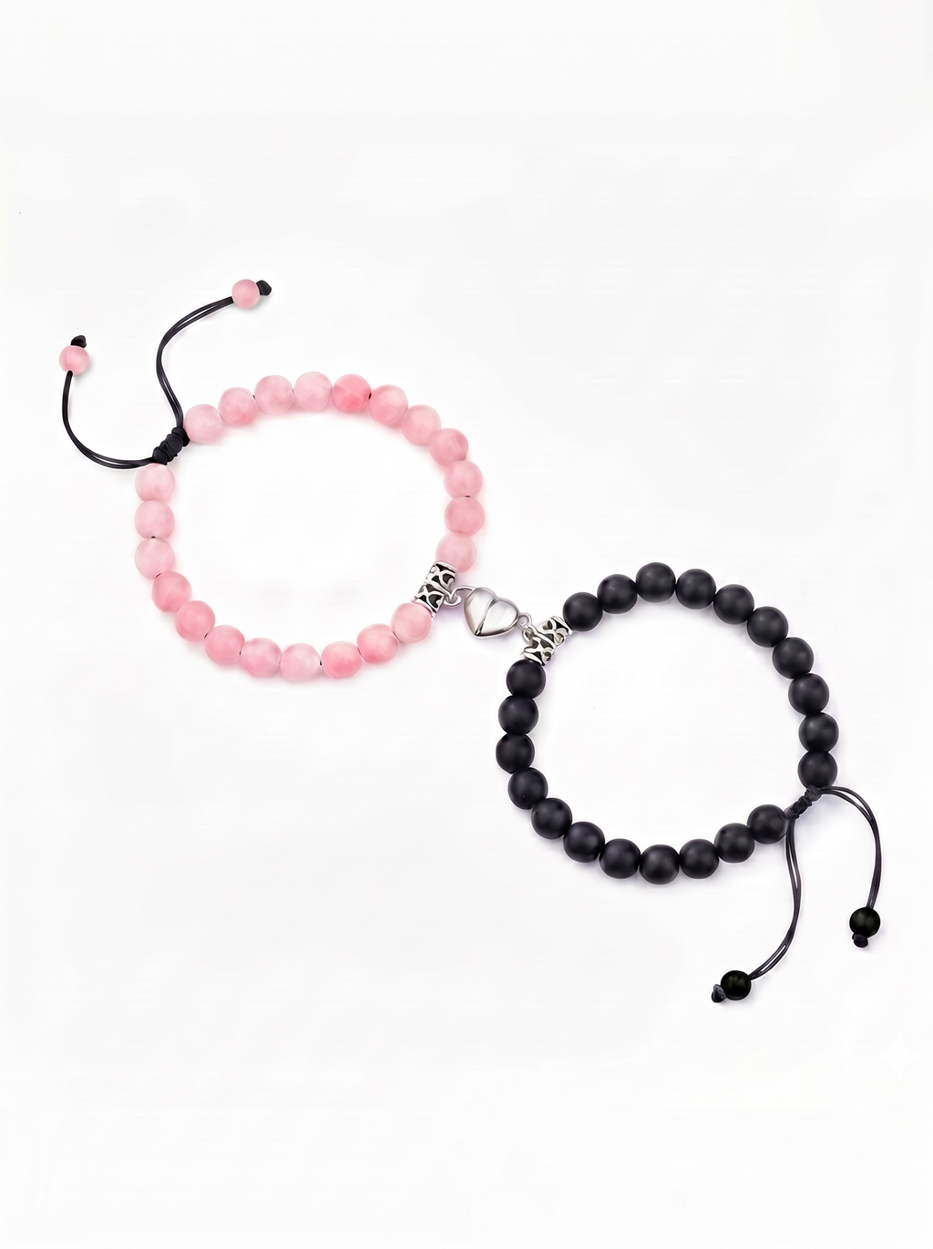 Pulseras pareja cuarzo rosa ágata negra corazón magnético New Concept Chile Fusión Hearts