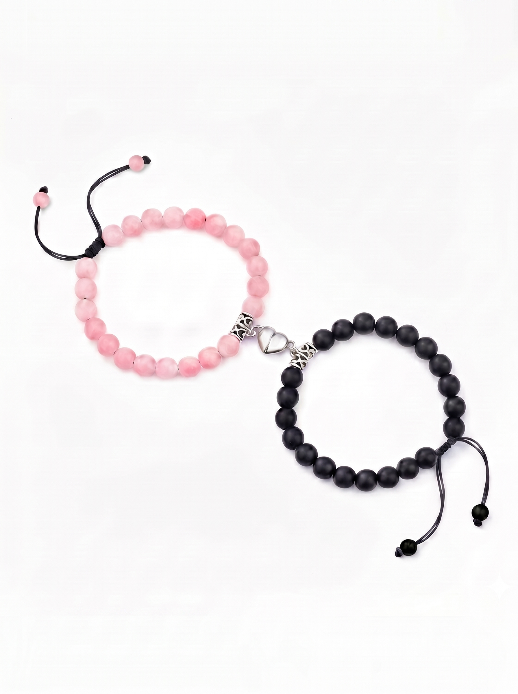 Pulseras pareja cuarzo rosa ágata negra corazón magnético New Concept Chile Fusión Hearts