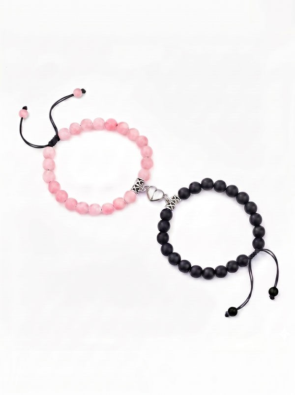 Pulseras pareja cuarzo rosa ágata negra corazón magnético New Concept Chile Fusión Hearts