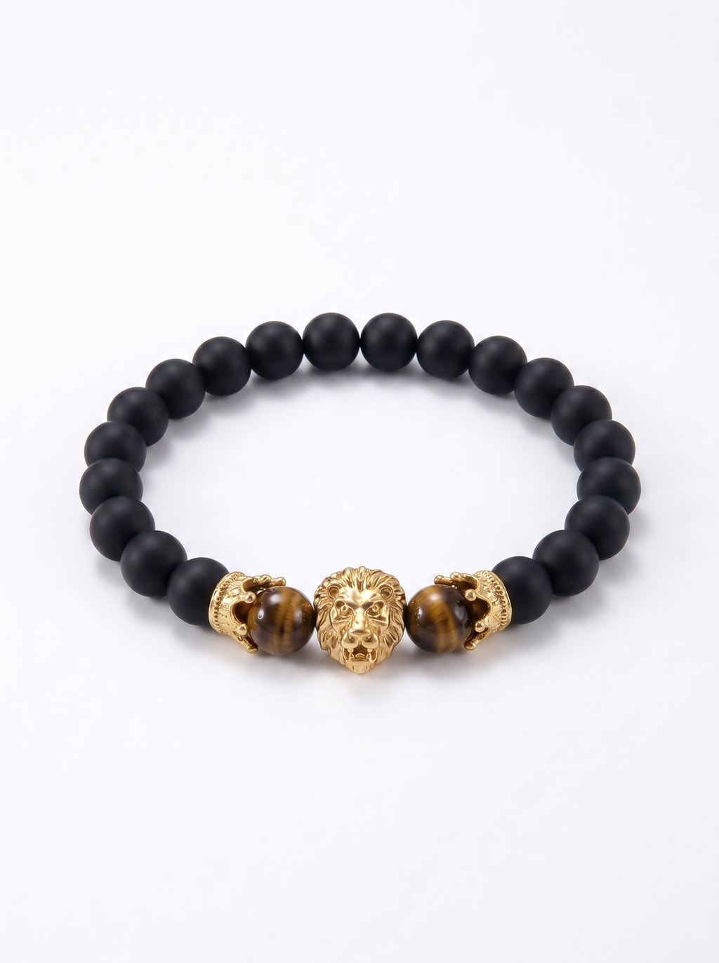 Pulsera hombre ágata negra ojo tigre dije león dorado New Concept Chile Golden Lion