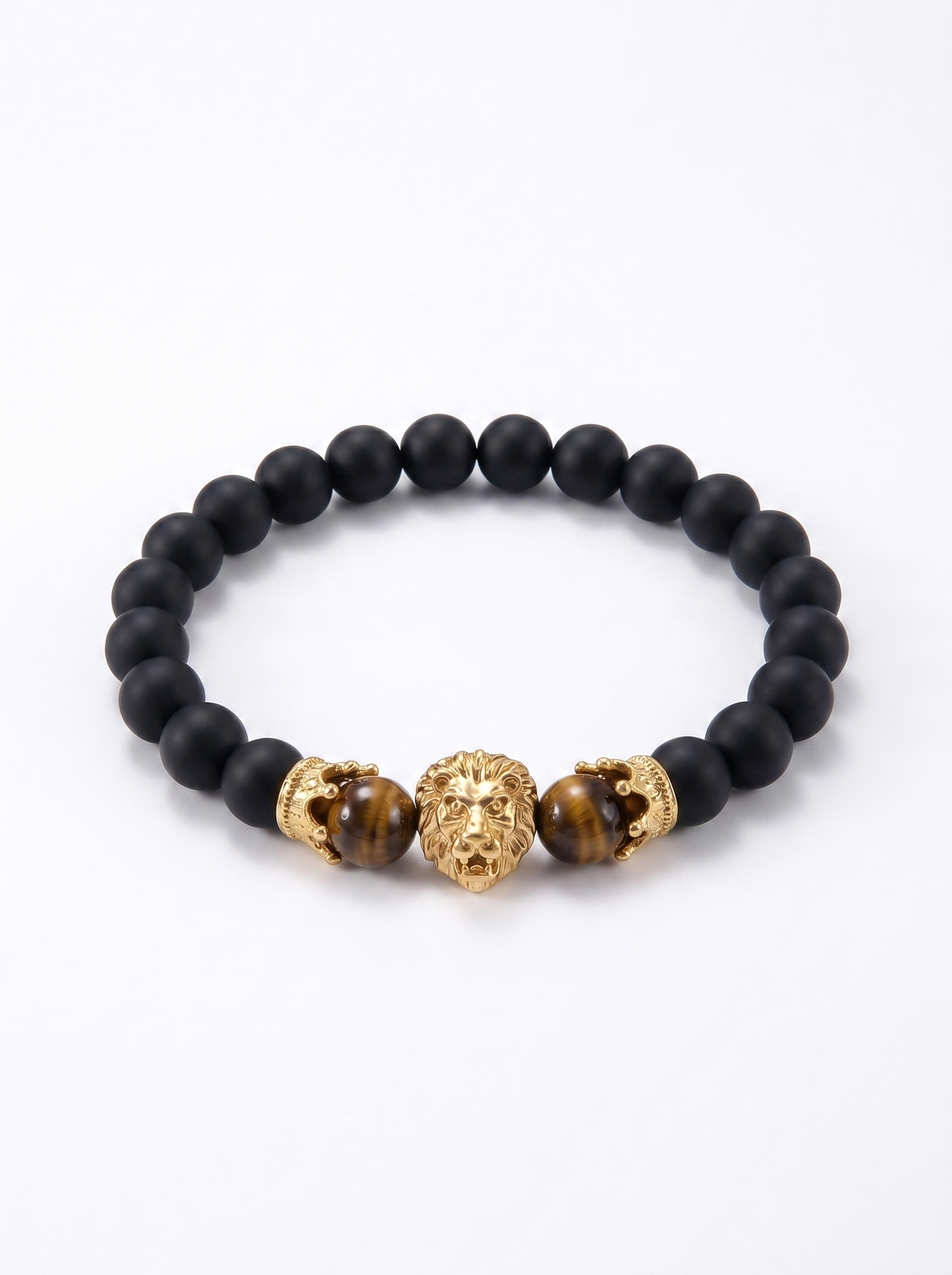 Pulsera hombre ágata negra ojo tigre dije león dorado New Concept Chile Golden Lion