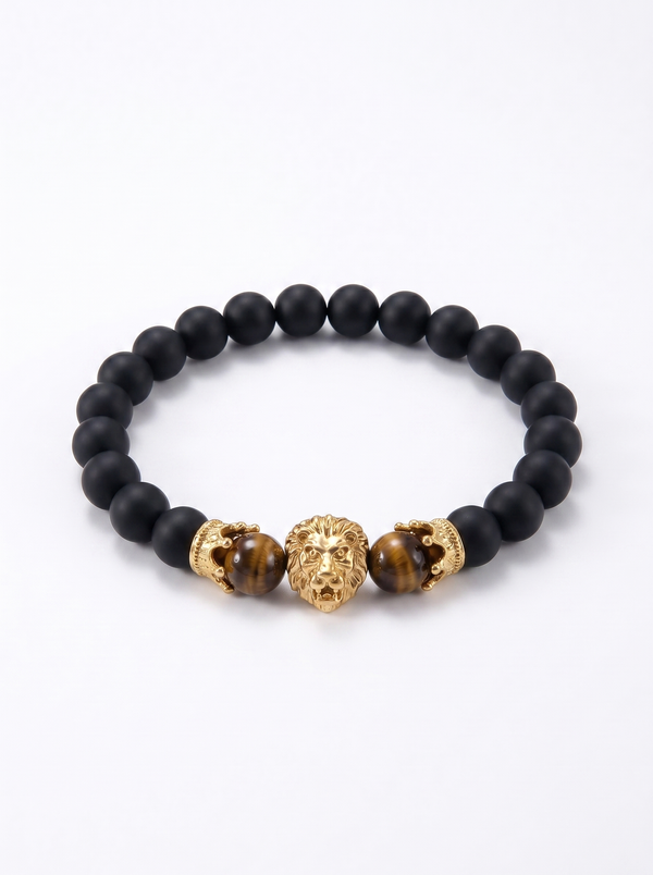 Pulsera hombre ágata negra ojo tigre dije león dorado New Concept Chile Golden Lion