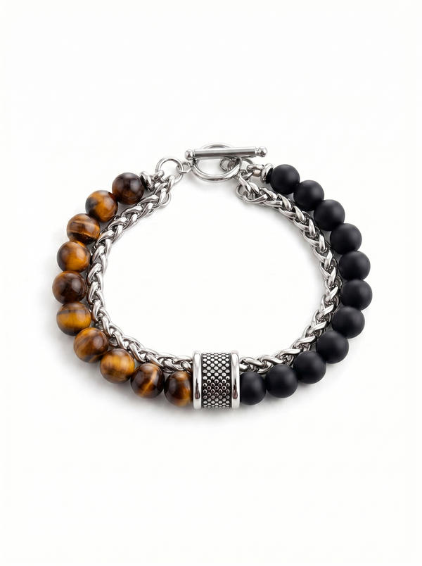 Pulsera hombre ágata negra cadena acero inoxidable New Concept Chile Magnum