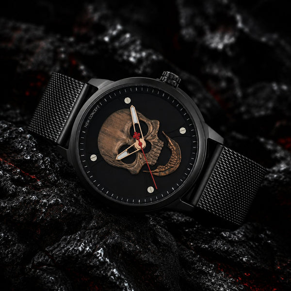 Reloj New Concept SkullX macro detalle dial calavera bronce fondo negro