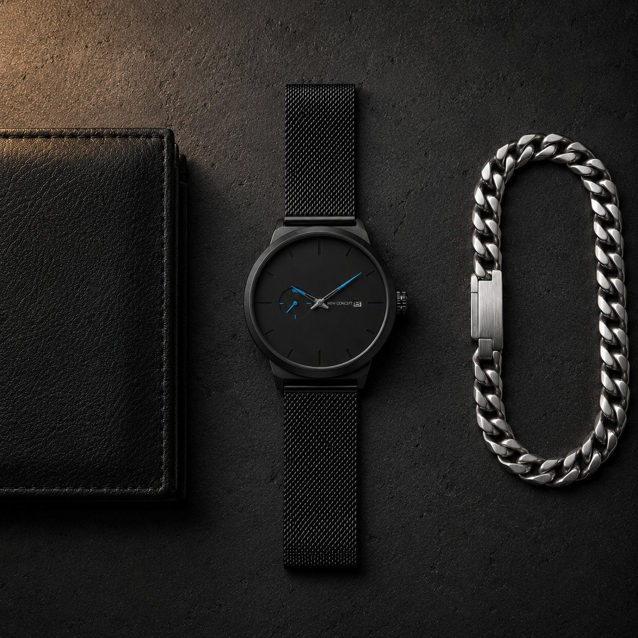 Reloj New Concept SpectrumX flatlay accesorios billetera pulsera cubana