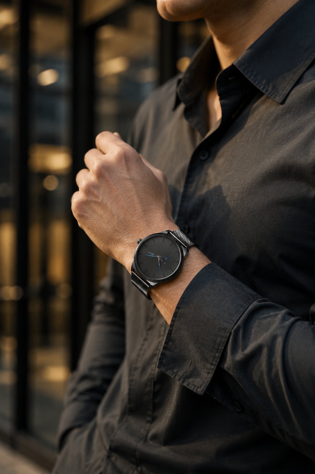 Reloj New Concept SpectrumX en muñeca hombre camisa oscura lifestyle urbano