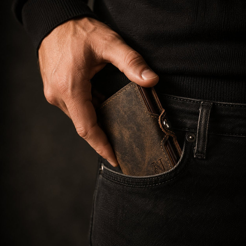 Billetera Woolrich Dark Brown - Perfil slim en bolsillo